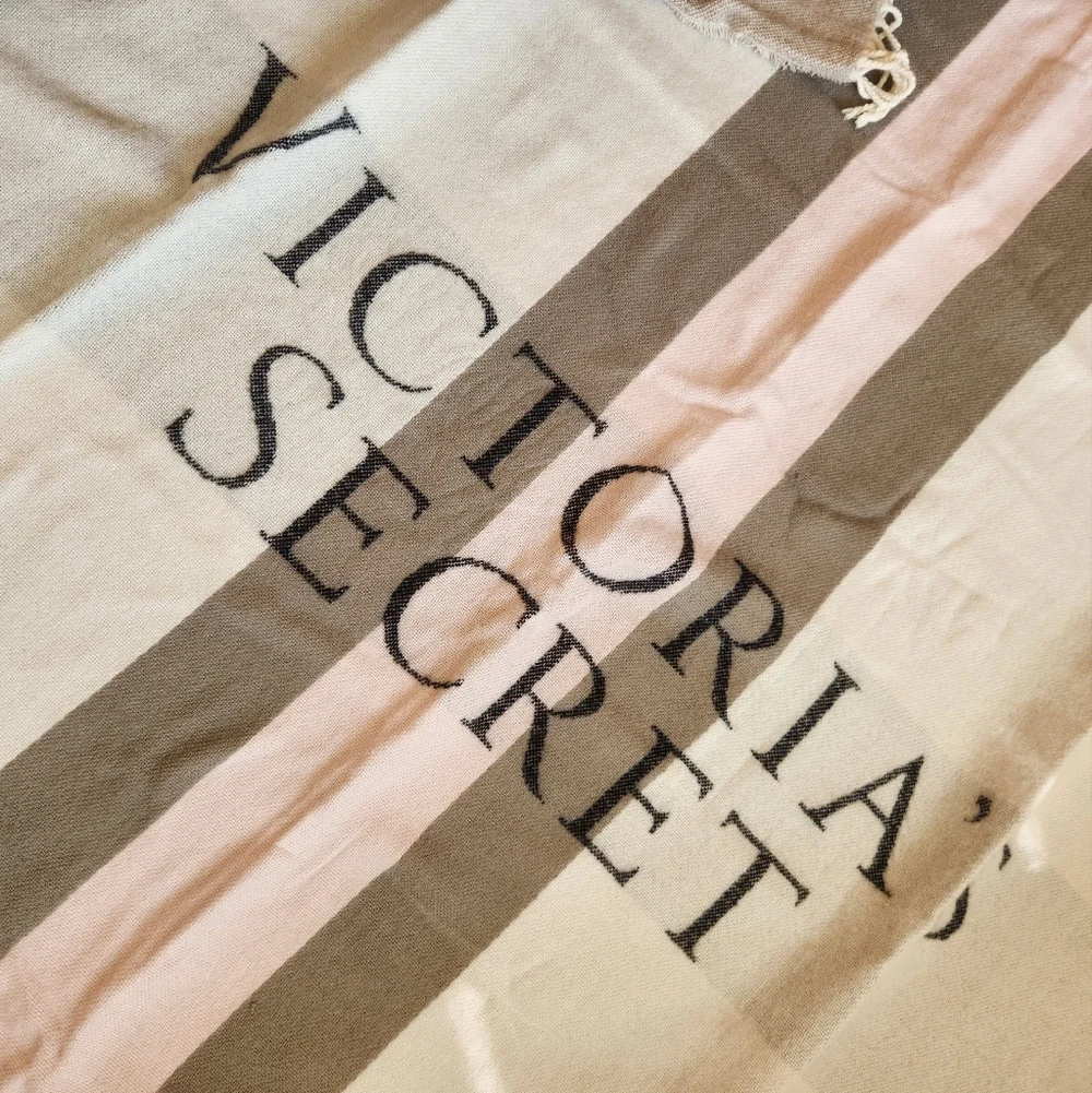 Victoria's Secret VS Throw Blanket White Pink Grey Logo Fringe Striped Cozy